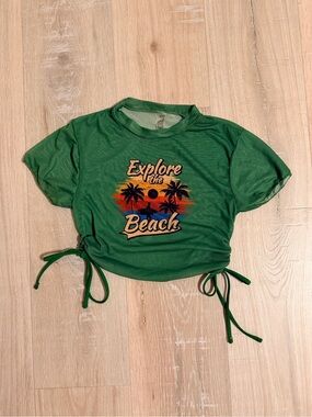 Green Graphic Tie-Side Sheer “Explore the Beach” Crop Top - Women Size Medium
